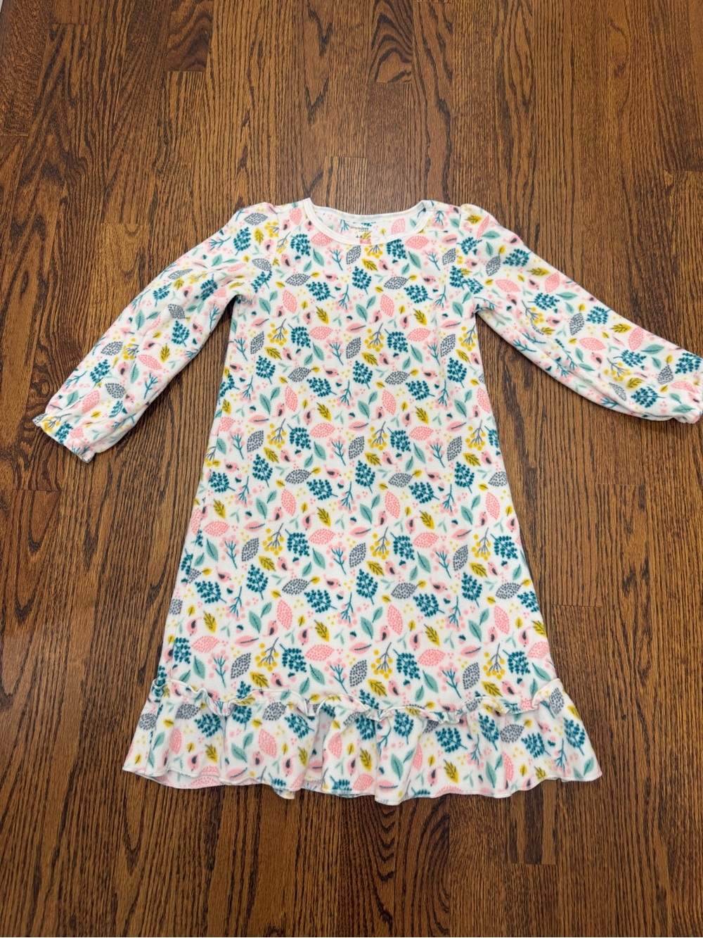Girls Floral Long-Sleeve Nightgown Dress - White with Pink & Teal Leaves
